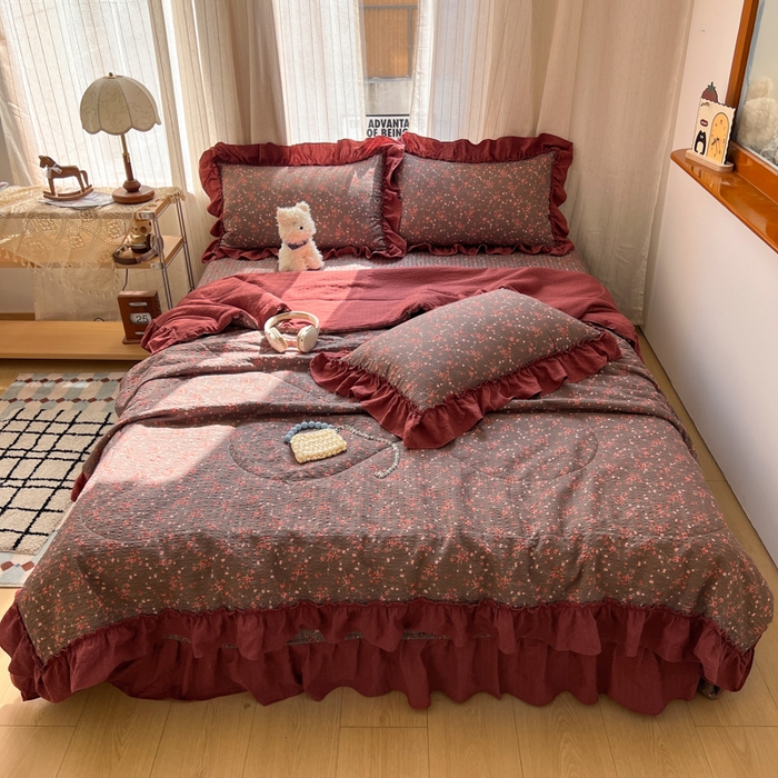 91家纺网 家纺一手货源 找家纺 欧尚 2026新款床盖款花边夏被四件套 胭脂