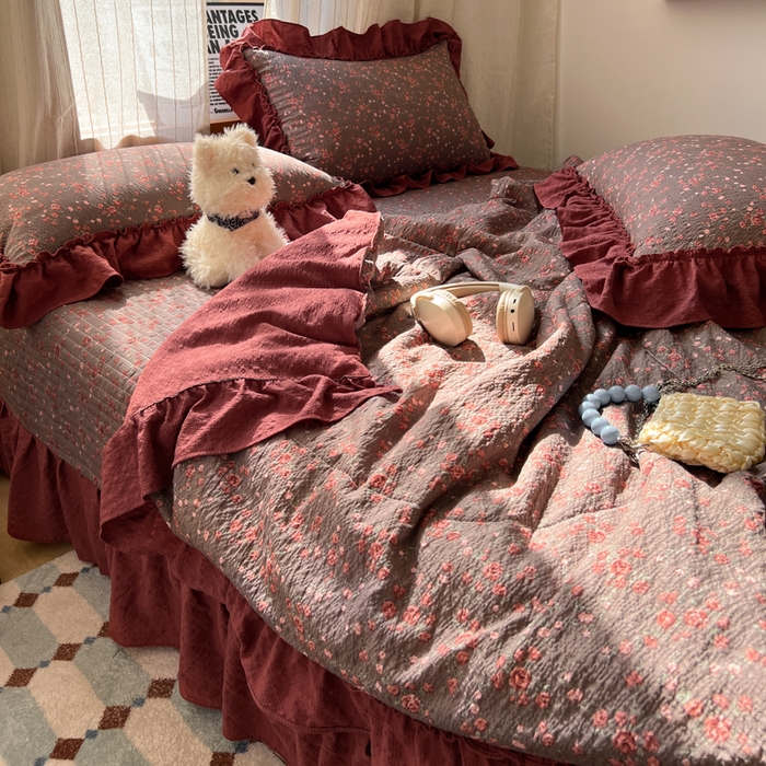 91家纺网 家纺一手货源 找家纺 欧尚 2026新款床盖款花边夏被四件套 胭脂