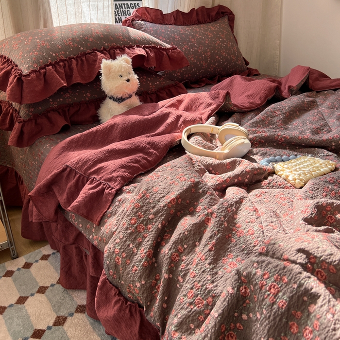 91家纺网 家纺一手货源 找家纺 欧尚 2026新款床盖款花边夏被四件套 胭脂