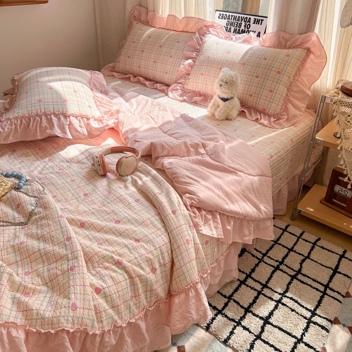 91家纺网 家纺一手货源 找家纺 欧尚 2026新款床盖款花边夏被四件套 予诗粉