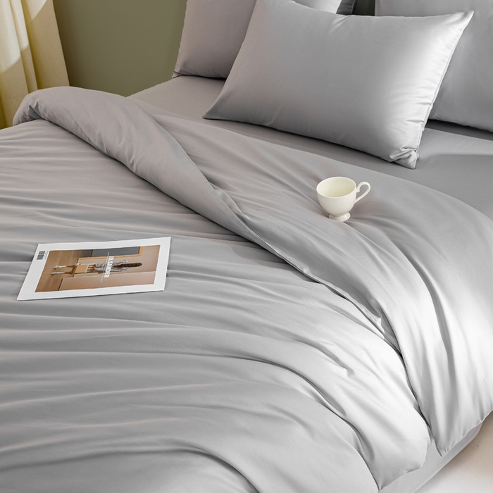 91家纺网 家纺一手货源 找家纺 憨豆家纺 2026新款全棉60s四件套纯色贡缎纯棉被套床笠款三件套长绒棉被套 冰川灰