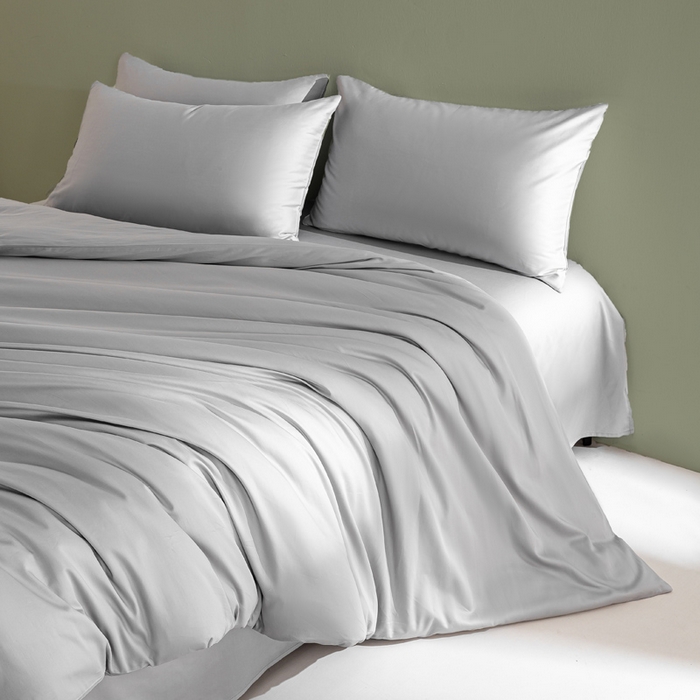 91家纺网 家纺一手货源 找家纺 憨豆家纺 2026新款全棉60s四件套纯色贡缎纯棉被套床笠款三件套长绒棉被套 冰川灰