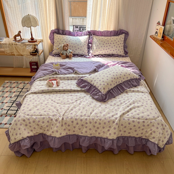 91家纺网 家纺一手货源 找家纺 欧尚 2026新款床盖款花边夏被四件套 芋泥花束