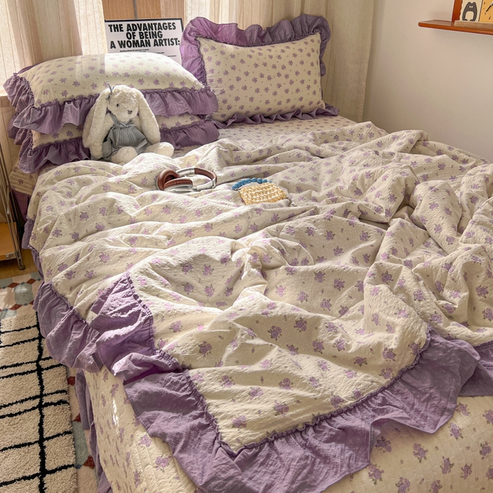 91家纺网 家纺一手货源 找家纺 欧尚 2026新款床盖款花边夏被四件套 芋泥花束