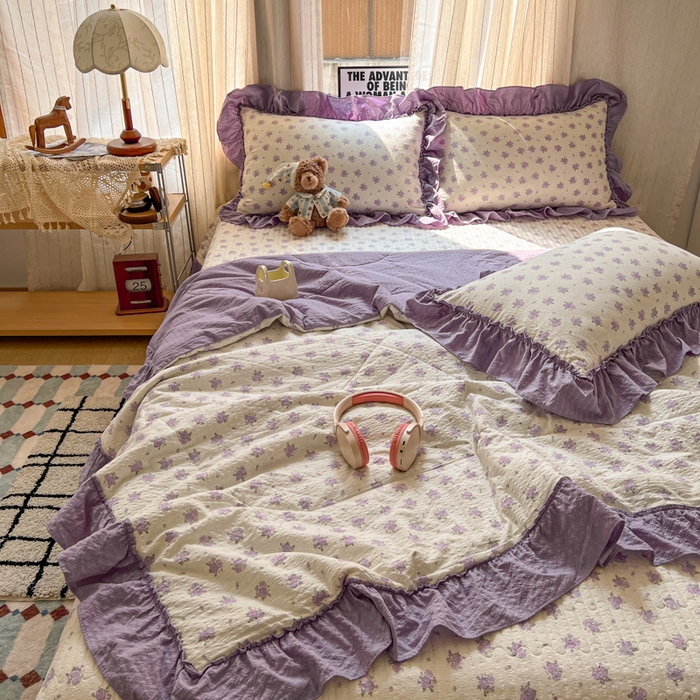 91家纺网 家纺一手货源 找家纺 欧尚 2026新款床盖款花边夏被四件套 芋泥花束