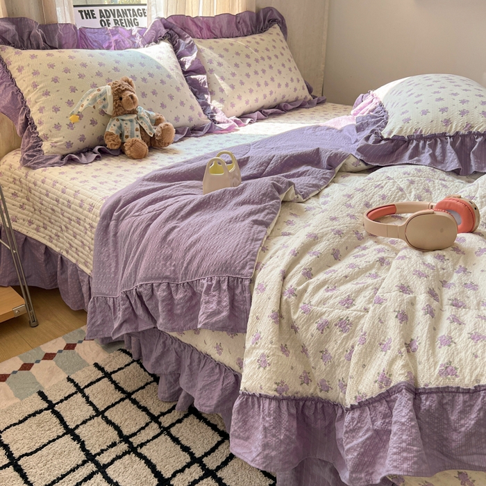 91家纺网 家纺一手货源 找家纺 欧尚 2026新款床盖款花边夏被四件套 芋泥花束