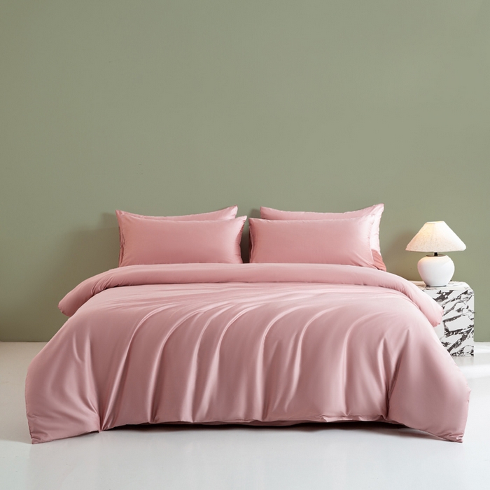 91家纺网 家纺一手货源 找家纺 憨豆家纺 2026新款全棉60s四件套纯色贡缎纯棉被套床笠款三件套长绒棉被套 豆沙