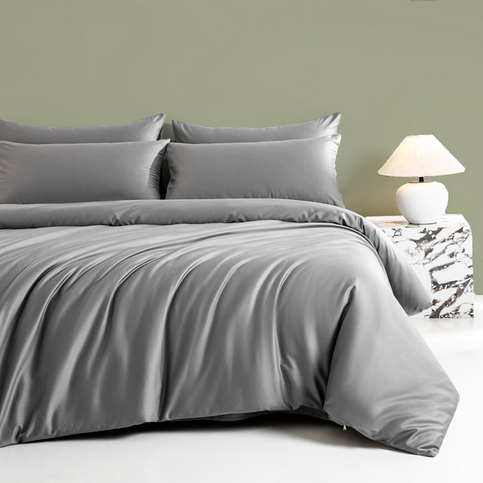 憨豆家纺 2026新款全棉60s四件套纯色贡缎纯棉被套床笠款三件套长绒棉被套 高级灰