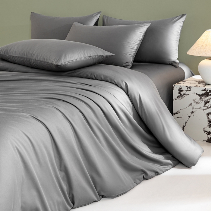 91家纺网 家纺一手货源 找家纺 憨豆家纺 2026新款全棉60s四件套纯色贡缎纯棉被套床笠款三件套长绒棉被套 高级灰