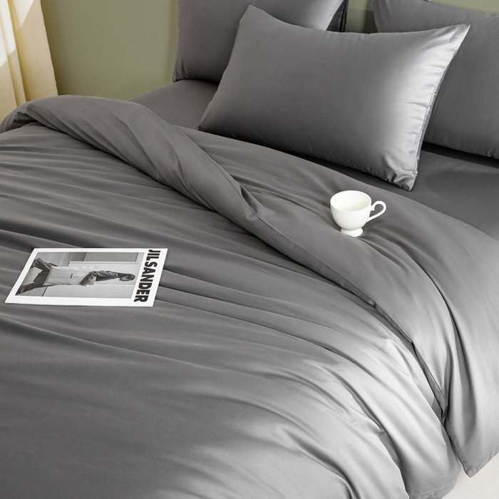 91家纺网 家纺一手货源 找家纺 憨豆家纺 2026新款全棉60s四件套纯色贡缎纯棉被套床笠款三件套长绒棉被套 高级灰
