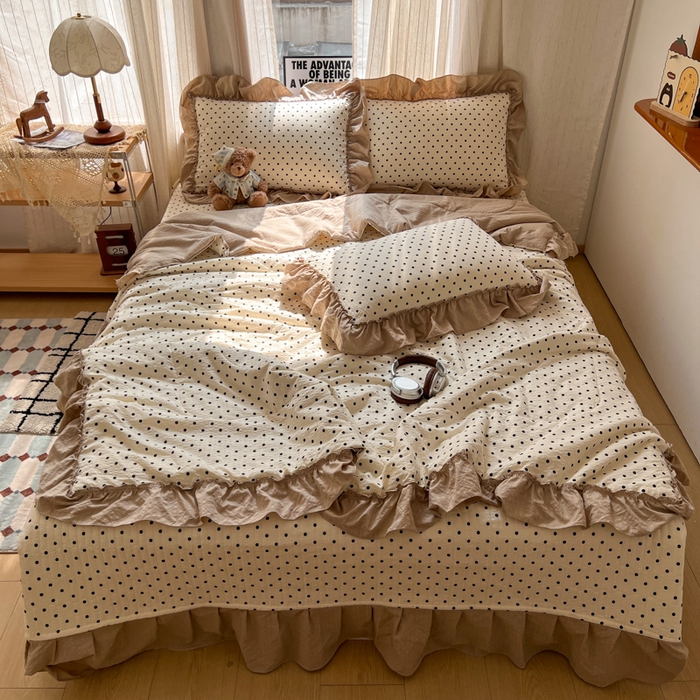 欧尚 2026新款床盖款花边夏被四件套 棕星点