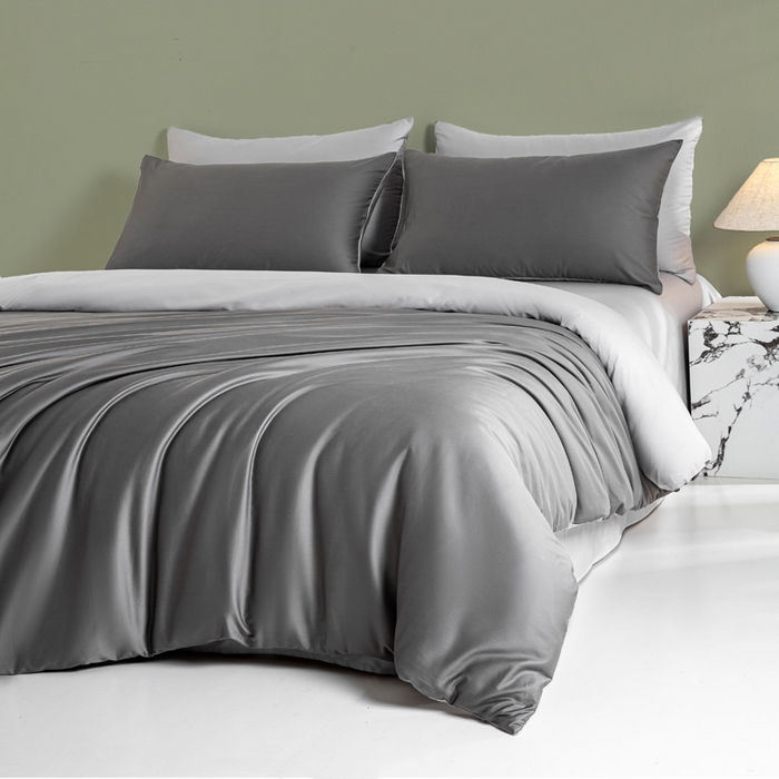 91家纺网 家纺一手货源 找家纺 憨豆家纺 2026新款全棉60s四件套纯色贡缎纯棉被套床笠款三件套长绒棉被套 高级灰+冰川灰
