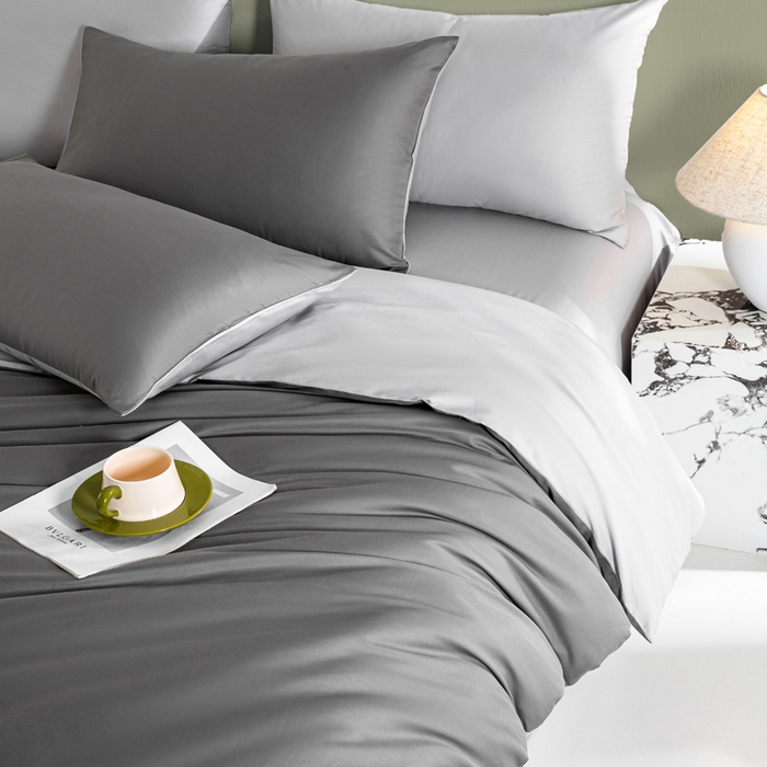 91家纺网 家纺一手货源 找家纺 憨豆家纺 2026新款全棉60s四件套纯色贡缎纯棉被套床笠款三件套长绒棉被套 高级灰+冰川灰