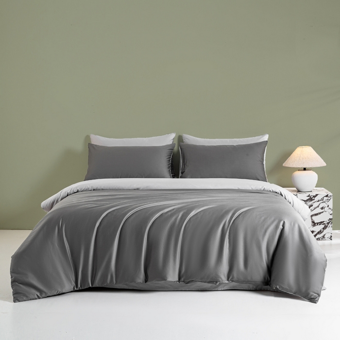 91家纺网 家纺一手货源 找家纺 憨豆家纺 2026新款全棉60s四件套纯色贡缎纯棉被套床笠款三件套长绒棉被套 高级灰+冰川灰