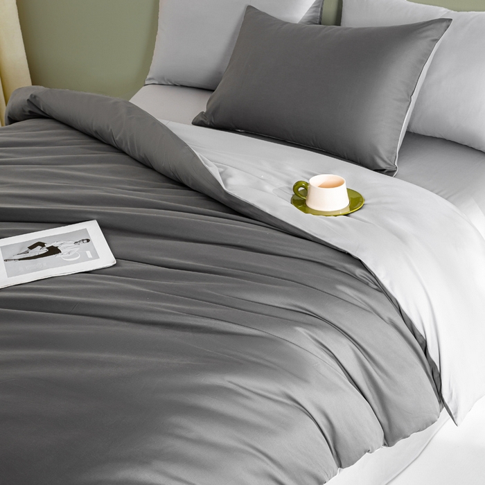 91家纺网 家纺一手货源 找家纺 憨豆家纺 2026新款全棉60s四件套纯色贡缎纯棉被套床笠款三件套长绒棉被套 高级灰+冰川灰