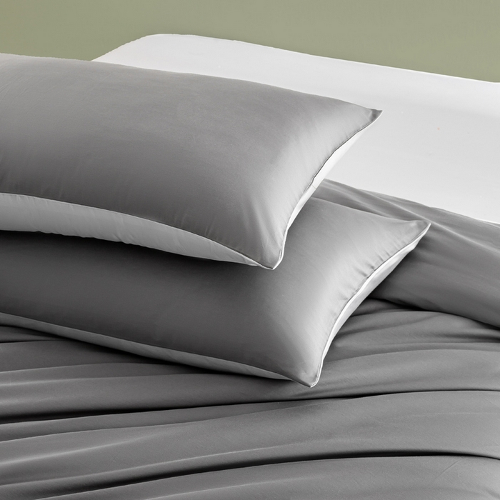 91家纺网 家纺一手货源 找家纺 憨豆家纺 2026新款全棉60s四件套纯色贡缎纯棉被套床笠款三件套长绒棉被套 高级灰+冰川灰