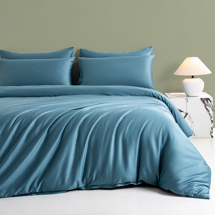 憨豆家纺 2026新款全棉60s四件套纯色贡缎纯棉被套床笠款三件套长绒棉被套 芥蓝