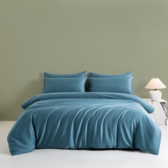 91家纺网 家纺一手货源 找家纺 憨豆家纺 2026新款全棉60s四件套纯色贡缎纯棉被套床笠款三件套长绒棉被套 芥蓝