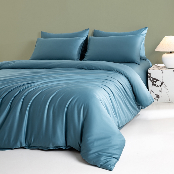 91家纺网 家纺一手货源 找家纺 憨豆家纺 2026新款全棉60s四件套纯色贡缎纯棉被套床笠款三件套长绒棉被套 芥蓝