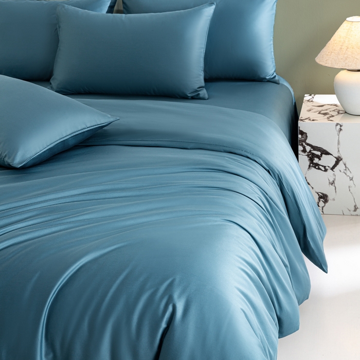 91家纺网 家纺一手货源 找家纺 憨豆家纺 2026新款全棉60s四件套纯色贡缎纯棉被套床笠款三件套长绒棉被套 芥蓝