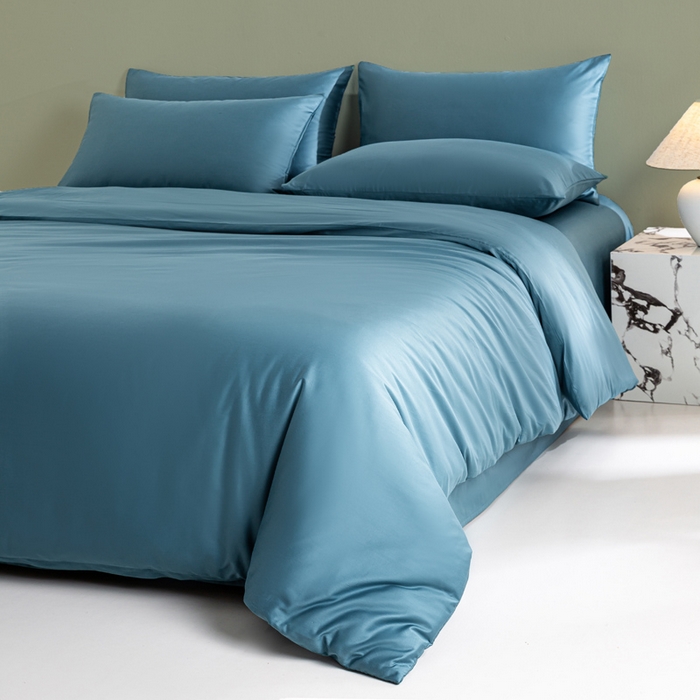 91家纺网 家纺一手货源 找家纺 憨豆家纺 2026新款全棉60s四件套纯色贡缎纯棉被套床笠款三件套长绒棉被套 芥蓝