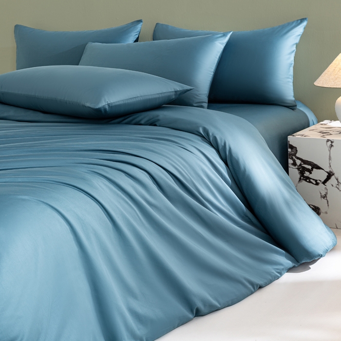 91家纺网 家纺一手货源 找家纺 憨豆家纺 2026新款全棉60s四件套纯色贡缎纯棉被套床笠款三件套长绒棉被套 芥蓝