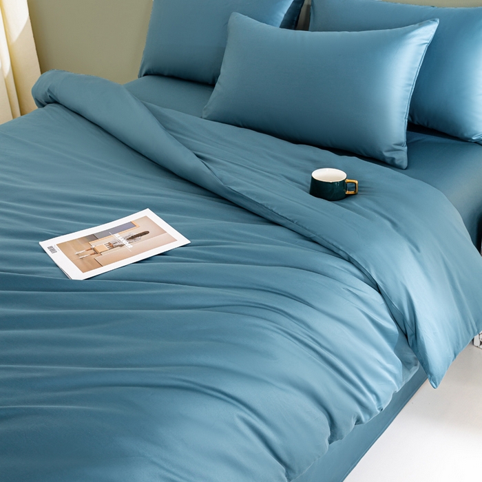 91家纺网 家纺一手货源 找家纺 憨豆家纺 2026新款全棉60s四件套纯色贡缎纯棉被套床笠款三件套长绒棉被套 芥蓝