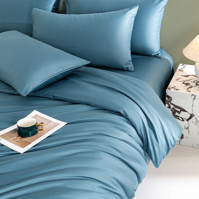 91家纺网 家纺一手货源 找家纺 憨豆家纺 2026新款全棉60s四件套纯色贡缎纯棉被套床笠款三件套长绒棉被套 芥蓝