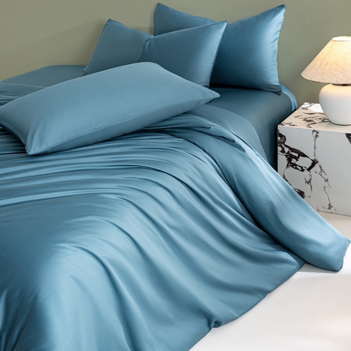 91家纺网 家纺一手货源 找家纺 憨豆家纺 2026新款全棉60s四件套纯色贡缎纯棉被套床笠款三件套长绒棉被套 芥蓝