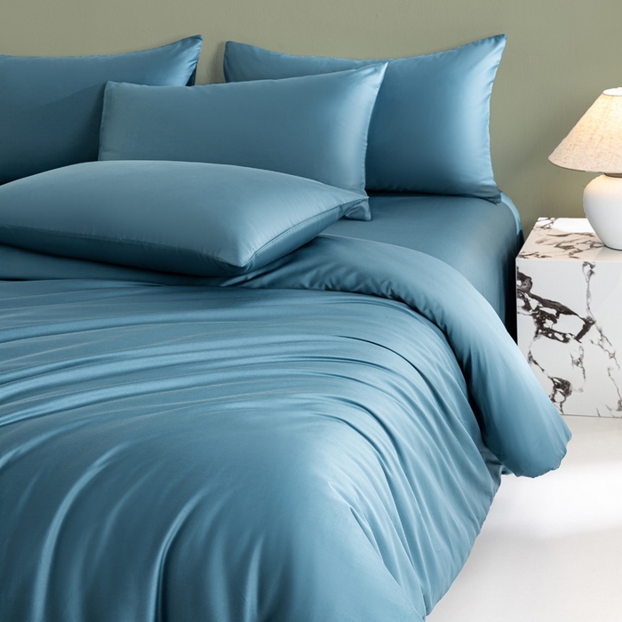 91家纺网 家纺一手货源 找家纺 憨豆家纺 2026新款全棉60s四件套纯色贡缎纯棉被套床笠款三件套长绒棉被套 芥蓝