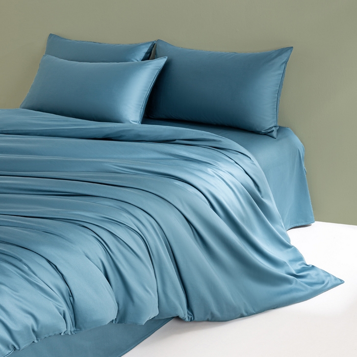 91家纺网 家纺一手货源 找家纺 憨豆家纺 2026新款全棉60s四件套纯色贡缎纯棉被套床笠款三件套长绒棉被套 芥蓝