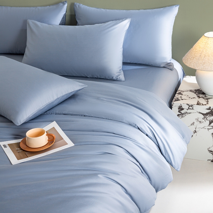 91家纺网 家纺一手货源 找家纺 憨豆家纺 2026新款全棉60s四件套纯色贡缎纯棉被套床笠款三件套长绒棉被套 蓝灰