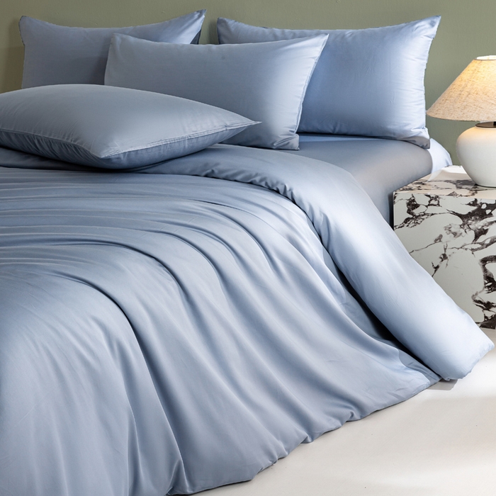 91家纺网 家纺一手货源 找家纺 憨豆家纺 2026新款全棉60s四件套纯色贡缎纯棉被套床笠款三件套长绒棉被套 蓝灰