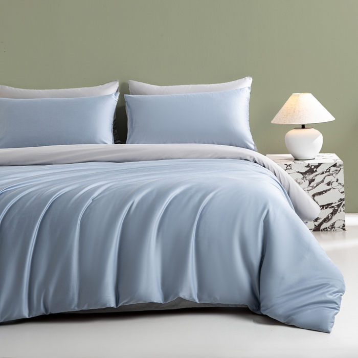 憨豆家纺 2026新款全棉60s四件套纯色贡缎纯棉被套床笠款三件套长绒棉被套 蓝灰+冰川灰
