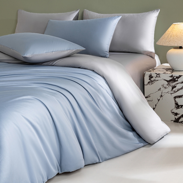 91家纺网 家纺一手货源 找家纺 憨豆家纺 2026新款全棉60s四件套纯色贡缎纯棉被套床笠款三件套长绒棉被套 蓝灰+冰川灰