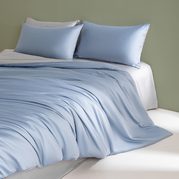 91家纺网 家纺一手货源 找家纺 憨豆家纺 2026新款全棉60s四件套纯色贡缎纯棉被套床笠款三件套长绒棉被套 蓝灰+冰川灰