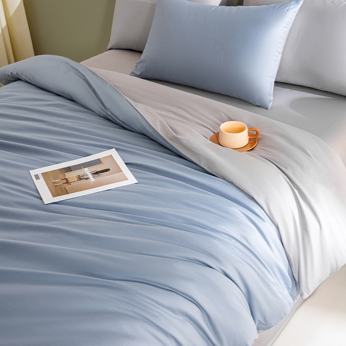 91家纺网 家纺一手货源 找家纺 憨豆家纺 2026新款全棉60s四件套纯色贡缎纯棉被套床笠款三件套长绒棉被套 蓝灰+冰川灰