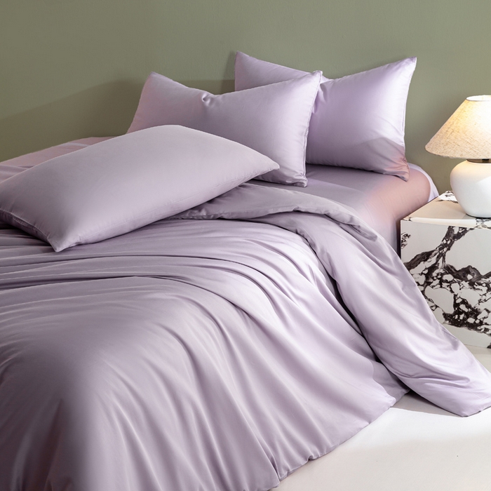 91家纺网 家纺一手货源 找家纺 憨豆家纺 2026新款全棉60s四件套纯色贡缎纯棉被套床笠款三件套长绒棉被套 梦幻紫