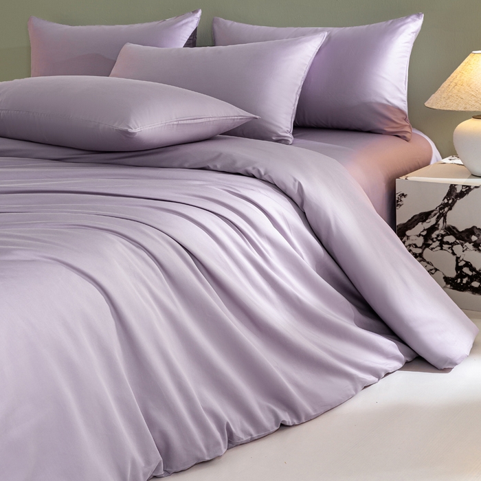 91家纺网 家纺一手货源 找家纺 憨豆家纺 2026新款全棉60s四件套纯色贡缎纯棉被套床笠款三件套长绒棉被套 梦幻紫