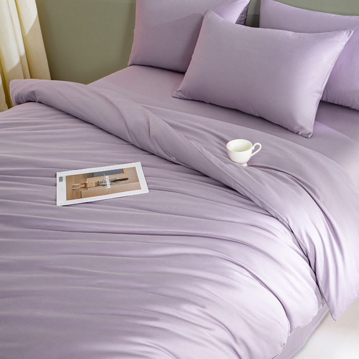 91家纺网 家纺一手货源 找家纺 憨豆家纺 2026新款全棉60s四件套纯色贡缎纯棉被套床笠款三件套长绒棉被套 梦幻紫