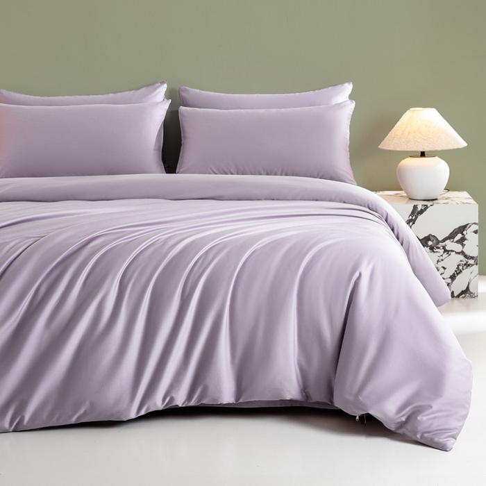憨豆家纺 2026新款全棉60s四件套纯色贡缎纯棉被套床笠款三件套长绒棉被套 梦幻紫