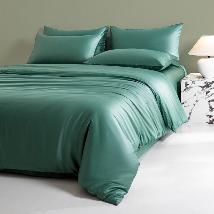 91家纺网 家纺一手货源 找家纺 憨豆家纺 2026新款全棉60s四件套纯色贡缎纯棉被套床笠款三件套长绒棉被套 墨绿
