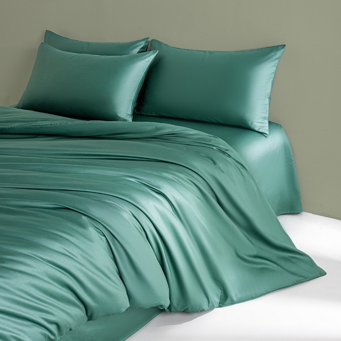 91家纺网 家纺一手货源 找家纺 憨豆家纺 2026新款全棉60s四件套纯色贡缎纯棉被套床笠款三件套长绒棉被套 墨绿