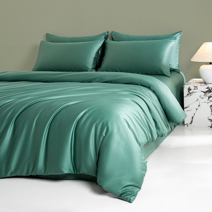 91家纺网 家纺一手货源 找家纺 憨豆家纺 2026新款全棉60s四件套纯色贡缎纯棉被套床笠款三件套长绒棉被套 墨绿