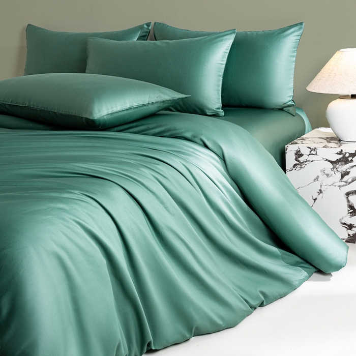 91家纺网 家纺一手货源 找家纺 憨豆家纺 2026新款全棉60s四件套纯色贡缎纯棉被套床笠款三件套长绒棉被套 墨绿