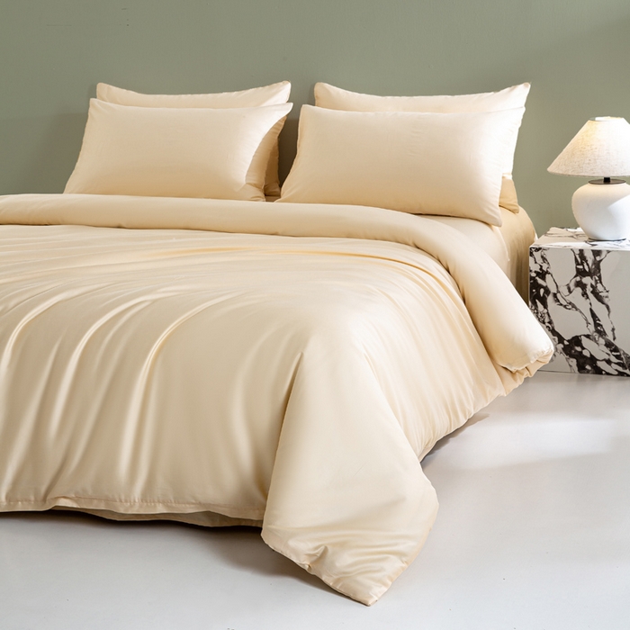 91家纺网 家纺一手货源 找家纺 憨豆家纺 2026新款全棉60s四件套纯色贡缎纯棉被套床笠款三件套长绒棉被套 奶昔白