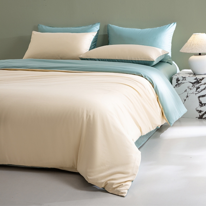 91家纺网 家纺一手货源 找家纺 憨豆家纺 2026新款全棉60s四件套纯色贡缎纯棉被套床笠款三件套长绒棉被套 奶昔白+薄荷绿