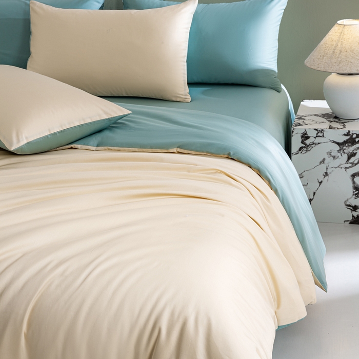 91家纺网 家纺一手货源 找家纺 憨豆家纺 2026新款全棉60s四件套纯色贡缎纯棉被套床笠款三件套长绒棉被套 奶昔白+薄荷绿