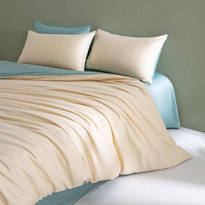 91家纺网 家纺一手货源 找家纺 憨豆家纺 2026新款全棉60s四件套纯色贡缎纯棉被套床笠款三件套长绒棉被套 奶昔白+薄荷绿