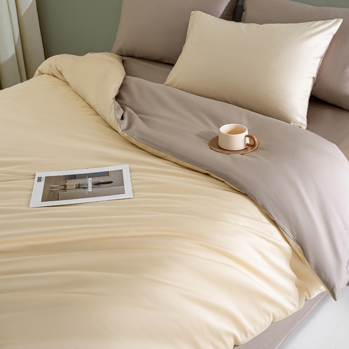 91家纺网 家纺一手货源 找家纺 憨豆家纺 2026新款全棉60s四件套纯色贡缎纯棉被套床笠款三件套长绒棉被套 奶昔白+奶咖